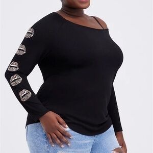 Torrid Off Shoulder Heritage Slub Leopard Lips Long Sleeve Tee Shirt Sz 3 22/24